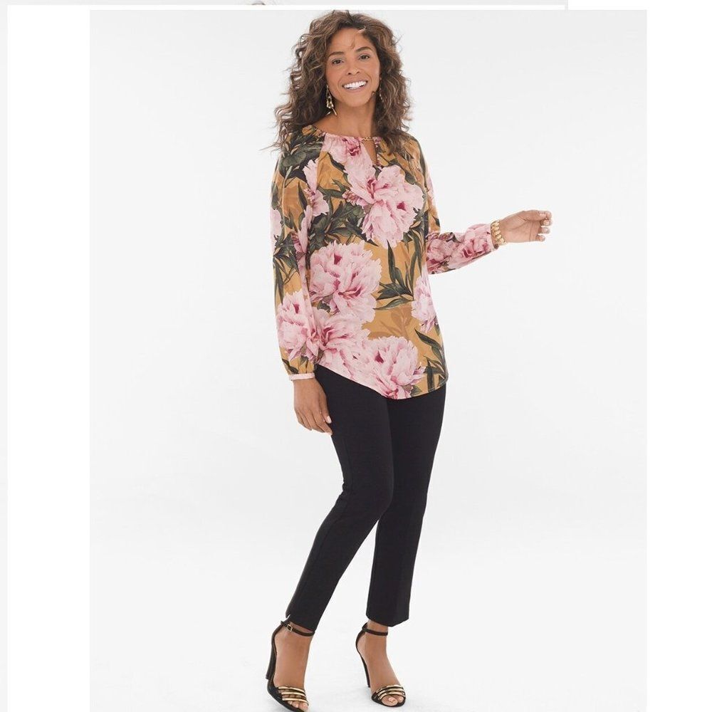 Chico's Women's Floral Fields Hardware Trim Pullover Top Blouse Size 2(US L/12)